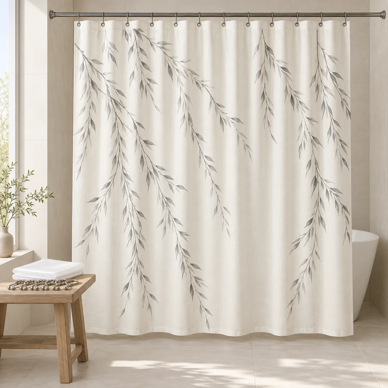 Ink Willow Set, Ivory / grey, complete shower curtain with included liner and rings