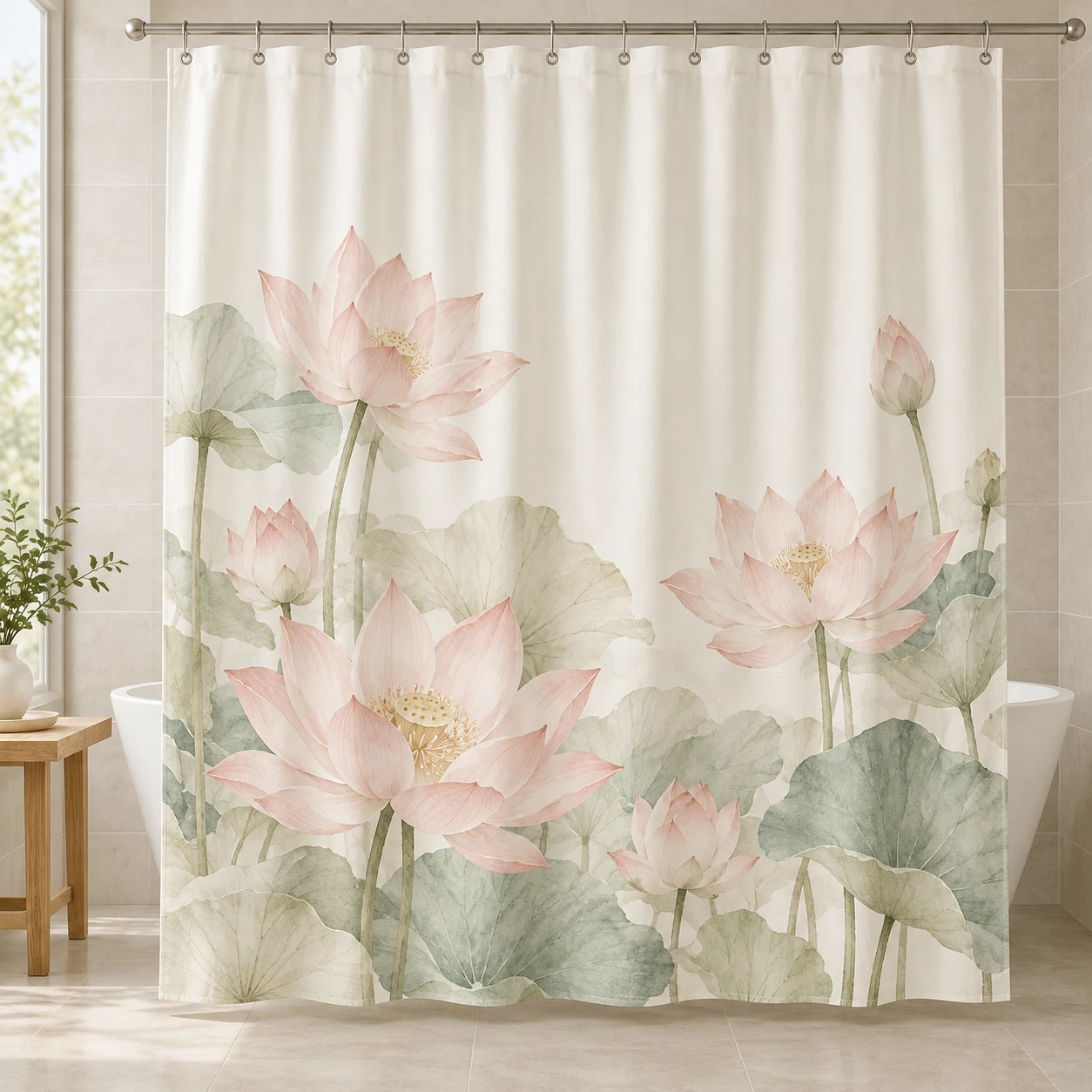 Lotus Morning, Ivory / blush, complete shower curtain
