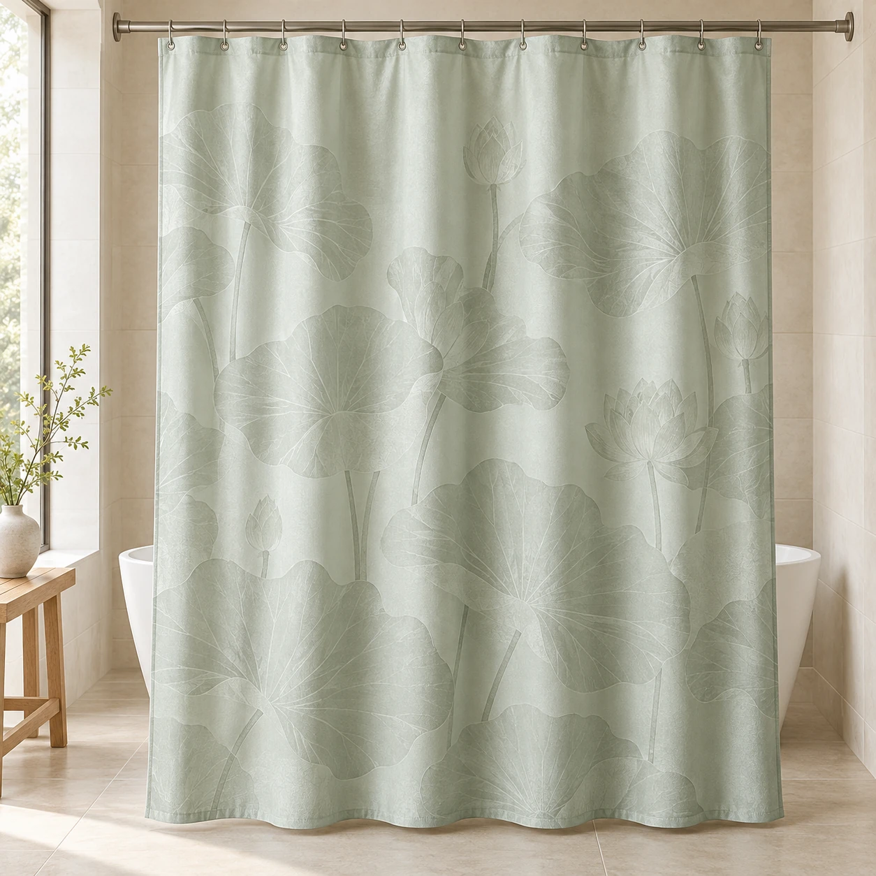 Lotus Silhouette, Pale jade, complete shower curtain
