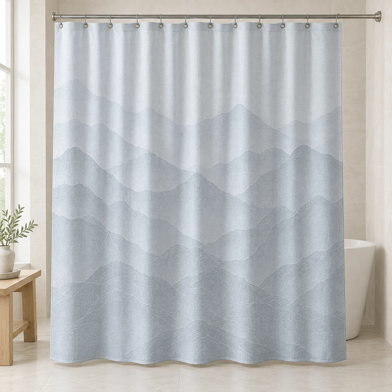 Mountain Veil, Grey blue, complete shower curtain