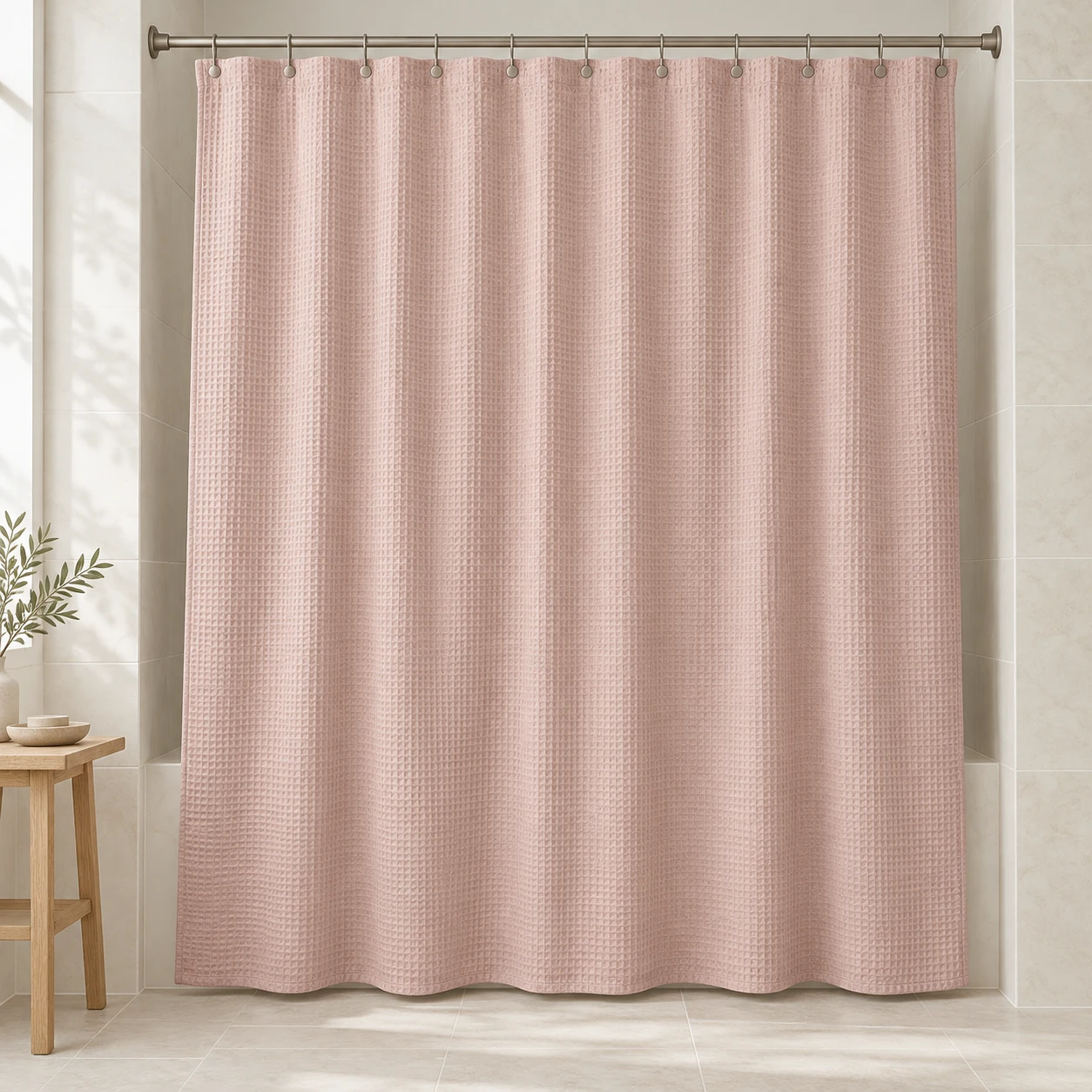Rosewater Waffle, Rosewater pink, complete shower curtain