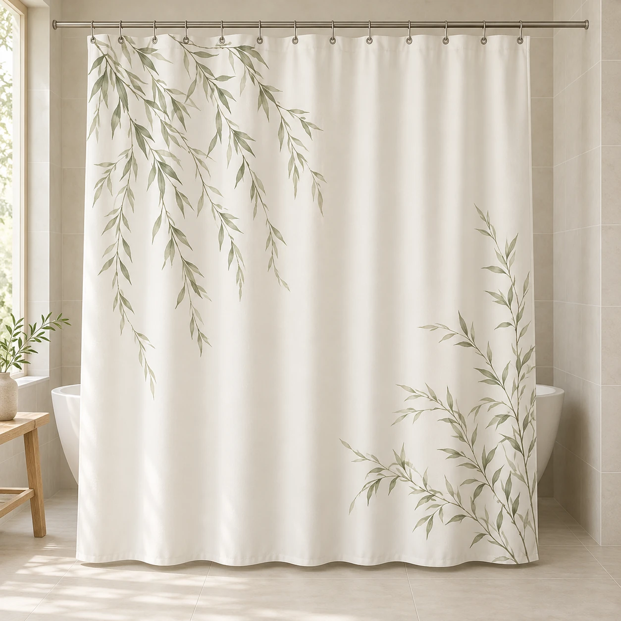 Willow Reflection, Ivory / sage, complete shower curtain
